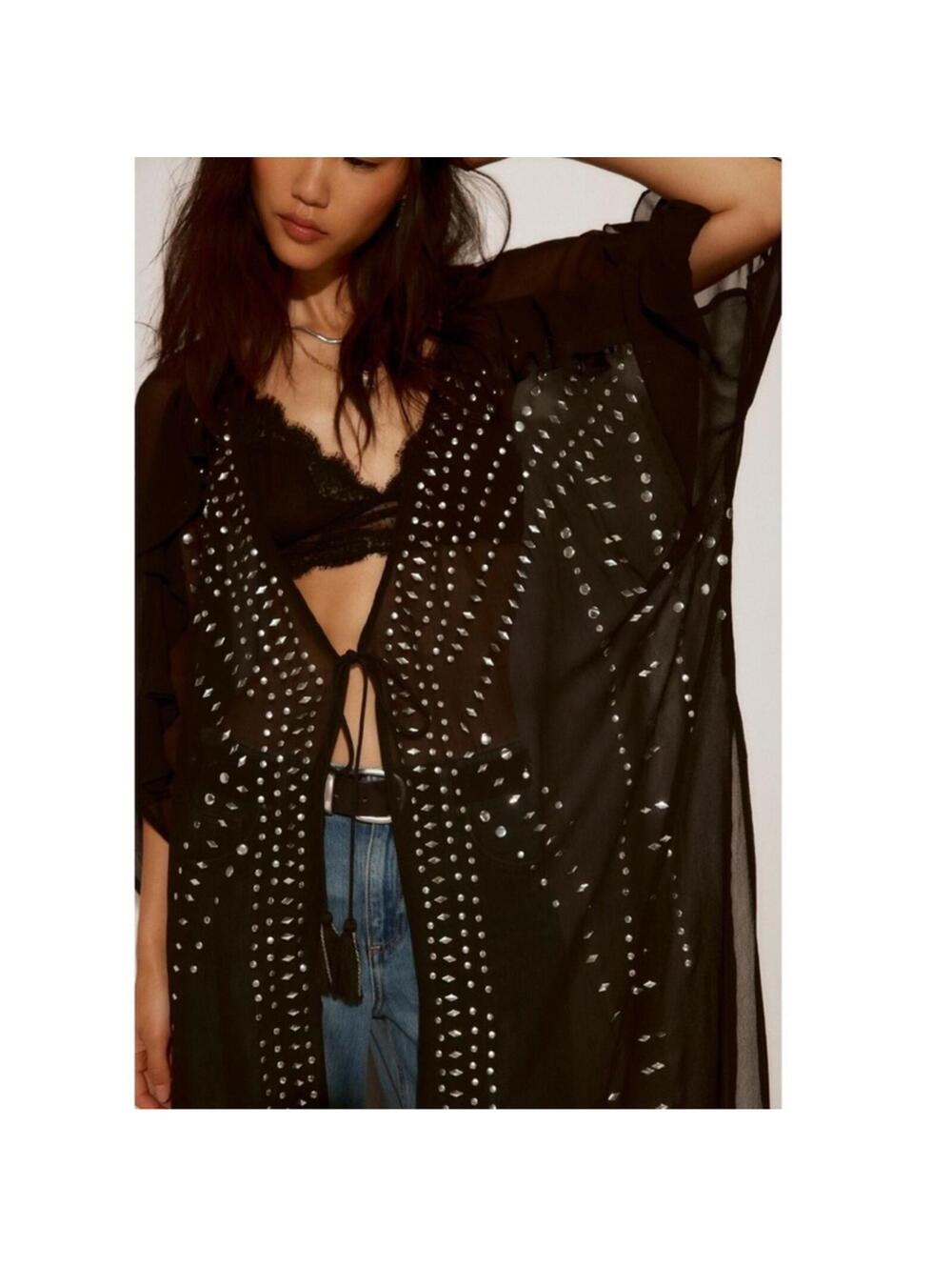 Free People So Billie Studded Duster, a black, tie-front duster  SIZE ALL #1373